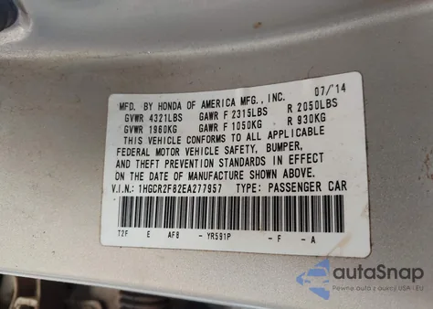2014 Honda Accord Ex-L z USA, uszkodzony, nr VIN 1HGCR2F82EA277957